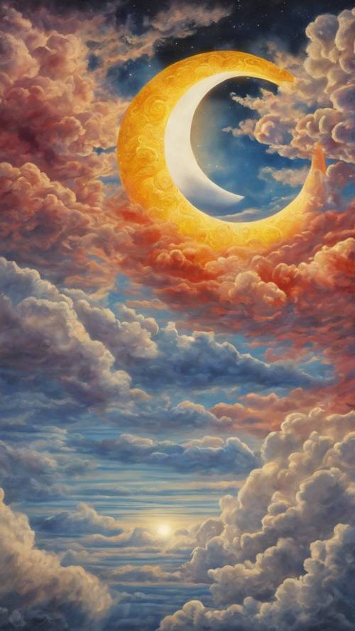A vividly-colored surrealistic painting of the sun kissing the moon amid cumulus clouds.
