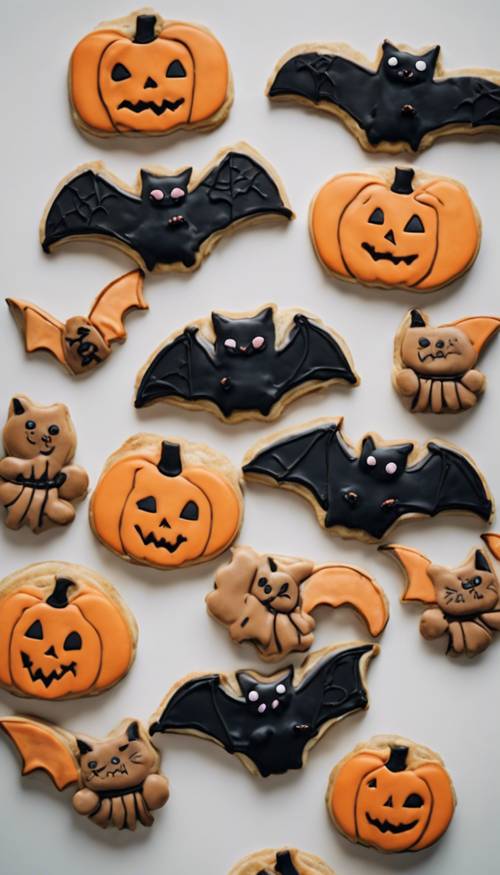 A spooky yet delightful menagerie of assorted Halloween cookies shaped like bats, cats, and pumpkins.