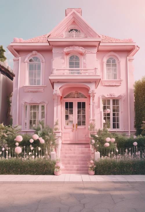 Image d&#39;une maison rose pastel décorée dans un style preppy avec un jardin kawaii devant Fond d&#39;écran [302c0d04a7e643e4bbe4]