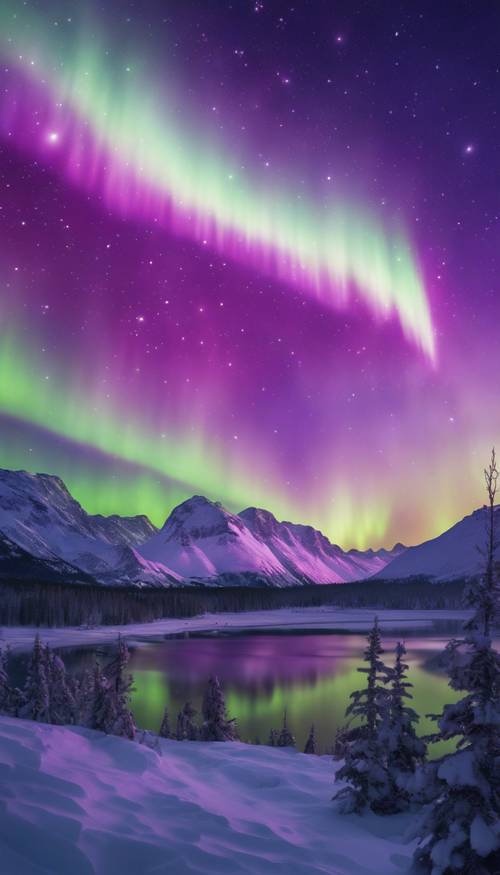 Un&#39;aurora boreale mozzafiato che crea una tonalità viola naturale nel cielo, sullo sfondo del paesaggio della vigilia di Natale.