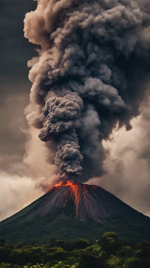 A close-up view of a smoldering volcano under the dark stormy sky.