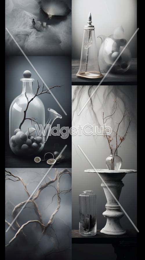 Elegant Still Life Display with Glass and Branches Tapet [ed2997e290e144d39492]