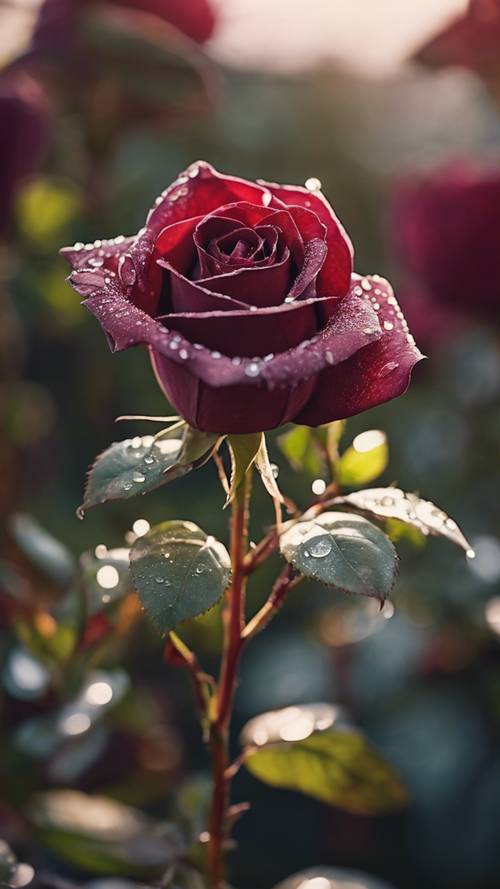 Um close de uma rosa cor de vinho com gotas de orvalho ampliando as delicadas pétalas à luz da manhã.
