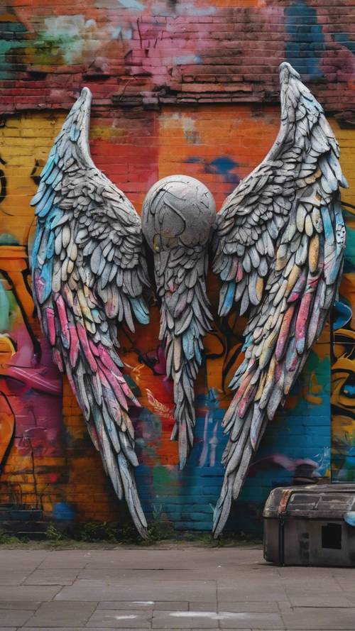 A sculpture of a giant angel wings, intricately designed and painted with splashes of vibrant graffiti colours on an urban alley wall.