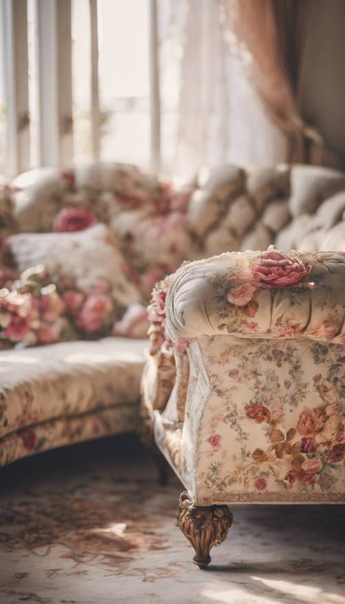 A shabby chic living room, with a vintage floral sofa as the centerpiece, and warm natural lighting filtering in.