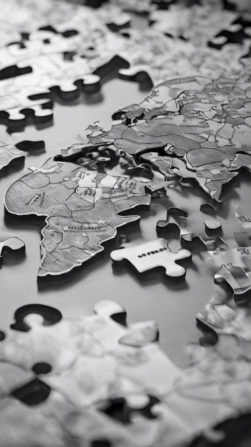 A puzzle with pieces forming a grayscale world map.
