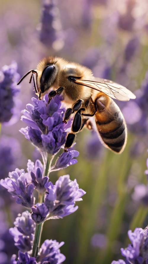 작고 보송보송한 꿀벌이 생기 넘치는 라벤더 꽃에서 꿀을 모으느라 바쁘다.