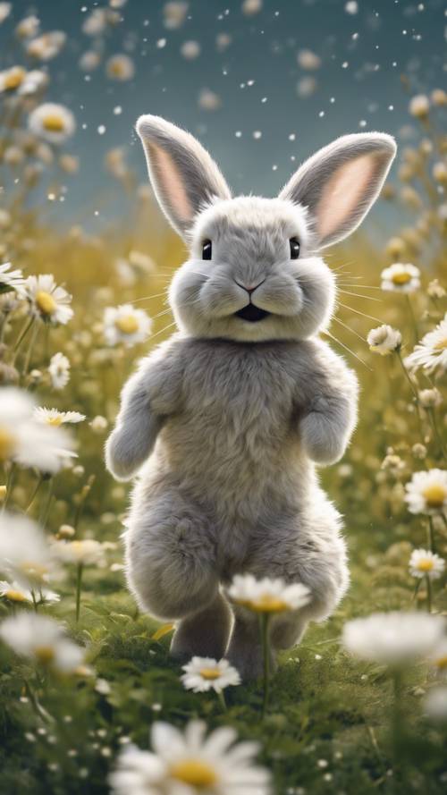 Gambar sederhana seekor kelinci berbulu halus, dengan gaya minimalis, melompat-lompat di tengah hamparan bunga aster.