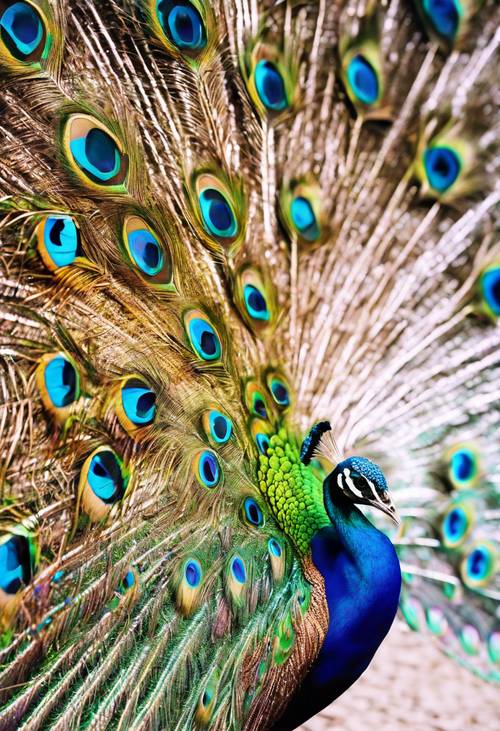 Un elegante pavo real abanicando sus vibrantes plumas multicolores. Fondo de pantalla [08ad3f338e9745779417]