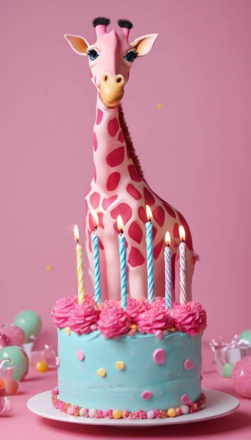 Animasi jerapah merah muda meniup lilin di kue ulang tahun.