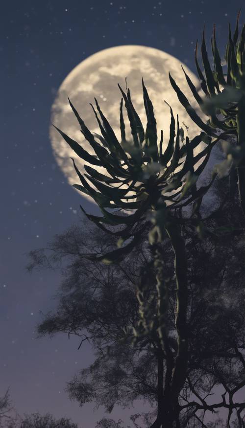 Un potente paisaje nocturno con una robusta planta centenaria recortada contra la luna llena.