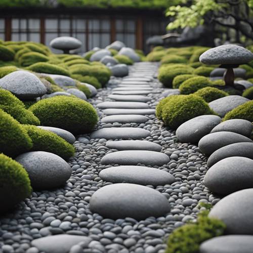 Un chemin de galets gris zen menant à un paisible jardin japonais.