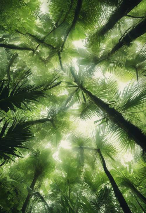 A vivid scene of a tropical rainforest canopy in shades of sage green.