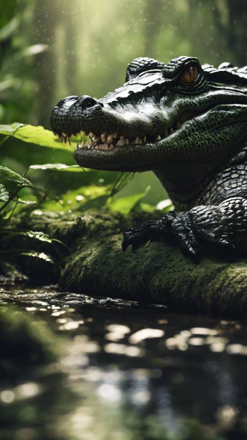A solitary black crocodile lumbering in the dense green rainforest.