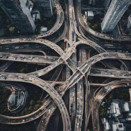 Eine Vogelperspektive einer modernen Stadt mit verschlungenen grauen Autobahnen und starkem Verkehr.