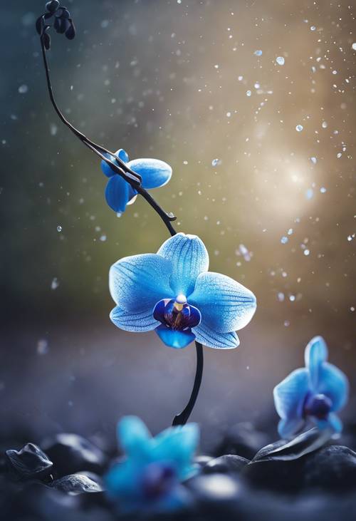 A blue orchid petal falling towards the ground. Tapet [e8357c6005a44e05972a]