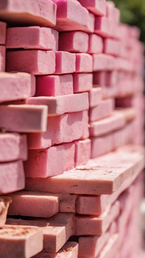 화창한 날 건설 현장에 분홍색 벽돌이 쌓여 있습니다.