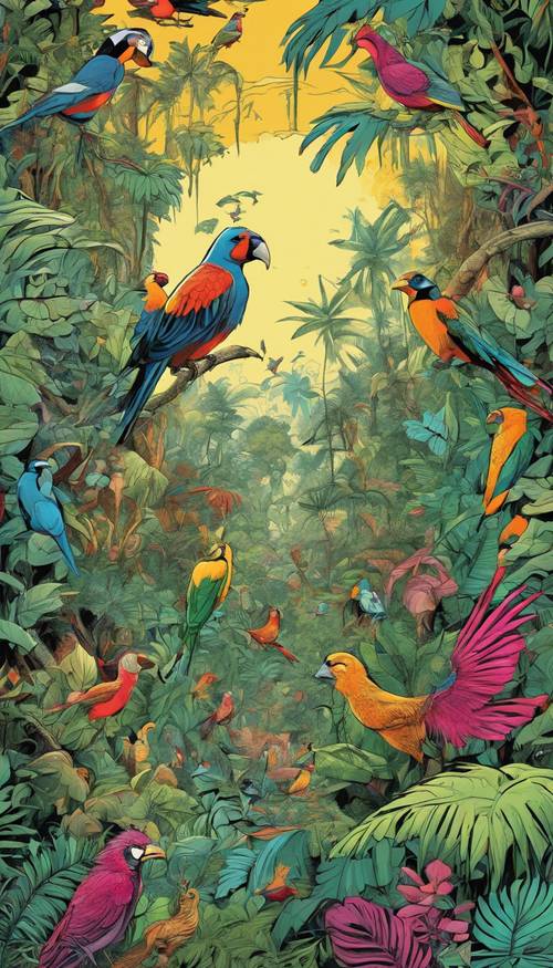 Uma imagem de uma selva densa e mágica em estilo de desenho animado, repleta de pássaros exóticos de cores vivas e plantas estranhas e fantasiosas.