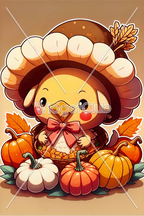 Cute Autumn Duckling Surrounded by Pumpkins