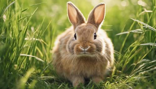 วาดกระต่ายสีน้ำตาลอ่อนน่ารักที่กำลังขยับจมูกเล็กๆ ท่ามกลางใบหญ้าสีเขียวสดใส