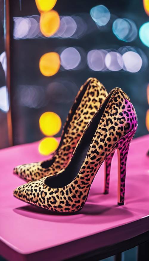 A pair of trendy high heels with a neon cheetah print.