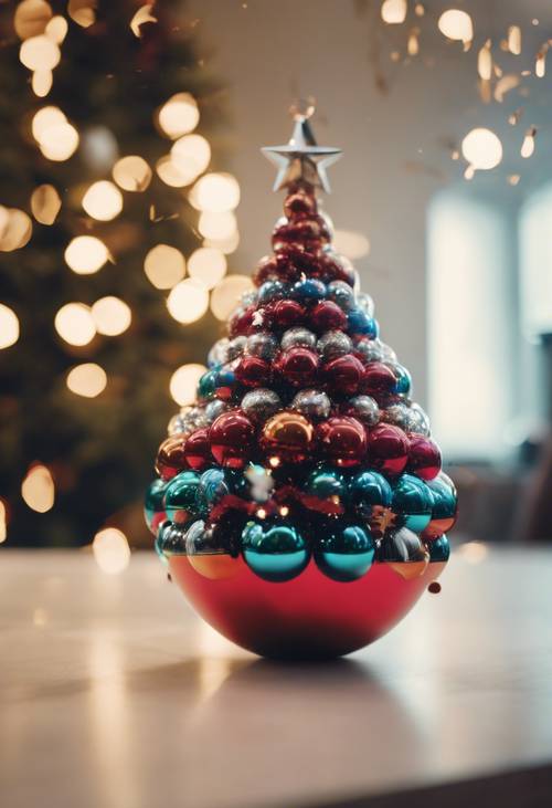 A low angle shot of a modern bouncing bauble Christmas tree