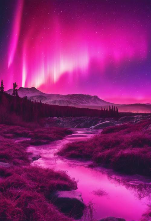 A surreal landscape imbibed with hot pink and purple northern lights shooting across the sky.