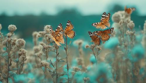 A colony of butterflies resting on tall teal plants in a flat plain. Tapéta [811f45d4ef1747eba678]