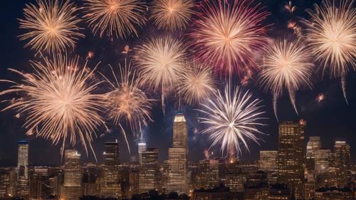 An array of fireworks forming intricate patterns during the fourth of July celebration over a city skyline.