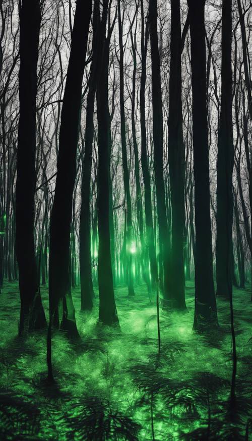 午夜时分，一片超现实的森林，有黑色的树木和闪闪发光的绿叶。