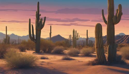 Escena del desierto al anochecer con enormes cactus saguaro que proyectan largas sombras, representada en estilo mural occidental.