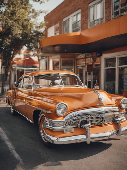 주황색과 갈색으로 칠해진 빈티지 자동차가 70년대 스타일의 식당 앞에 주차되어 있습니다.