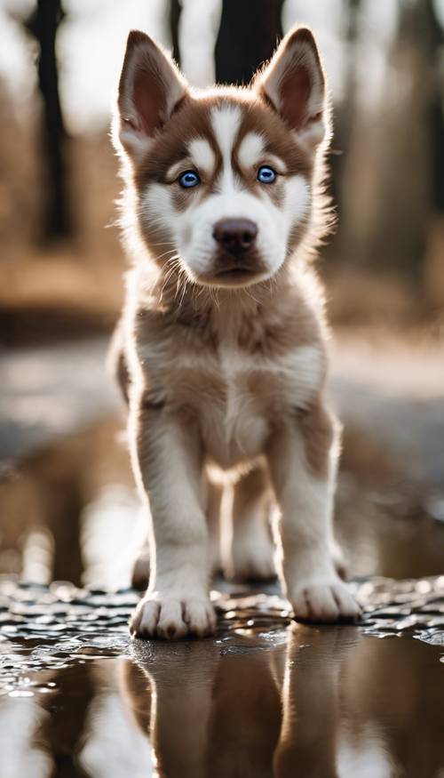 Raffigura un cucciolo di Siberian Husky marrone chiaro che guarda con curiosità il suo riflesso in una pozzanghera.