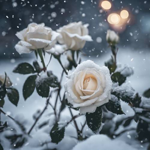 Mistyczne białe róże pokryte świeżo opadłym śniegiem, rosnące z wdziękiem w cichą, pogodną zimową noc. Tapeta [4678c517acc443219287]