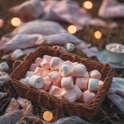 Alacakaranlıkta görülen, farklı tatlardaki marshmallowlarla dolu bir piknik, yüksek açıdan çekilmiş.