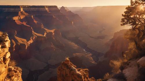 Kanvas alam Grand Canyon yang berubah menjadi pemanah Sagitarius saat matahari terbit keemasan dan hangat.