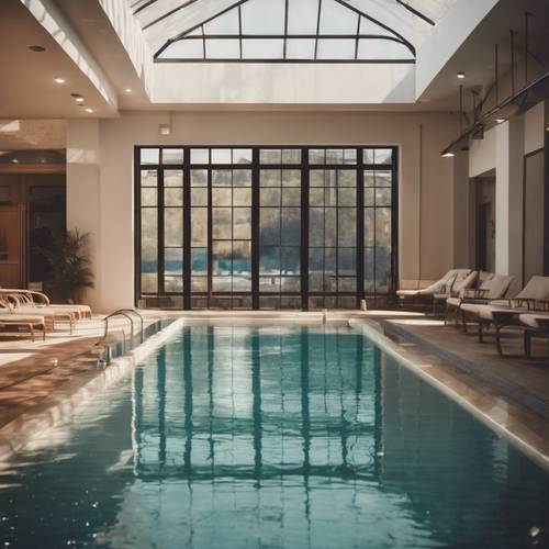 An indoor heated pool with warm illumination