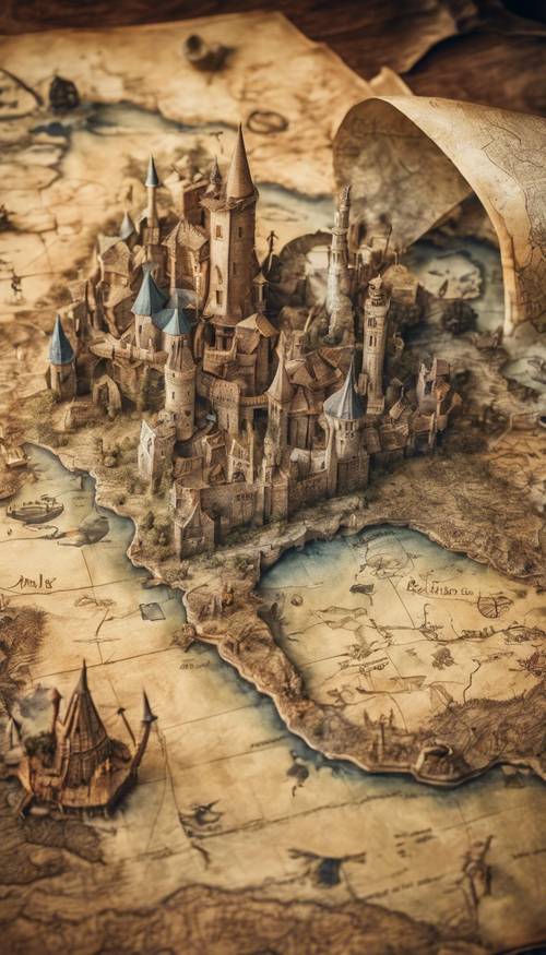 Un viejo mapa con textura de pergamino de un mundo de fantasía con criaturas míticas y puntos de referencia.