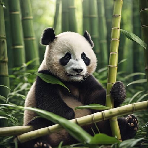 Gambar seekor anak panda Cina yang lucu sedang mengunyah bambu segar di hutan bambu oriental.