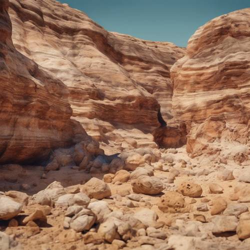 سراب الوادي في الصحراء يظهر طبقات مائلة ملونة من الصخور تحت الحرارة الحارقة