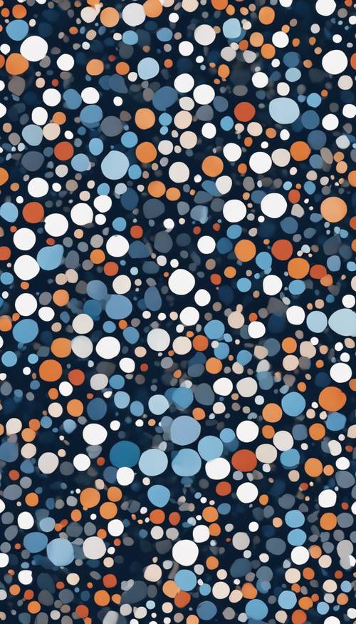 A vibrant, repeatable pattern with white polka dots of various sizes against a dark blue backdrop.