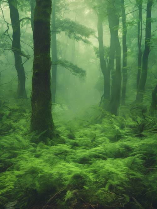 Una imagen similar a una pintura de un bosque verde envuelto en niebla, con una cita de vida.