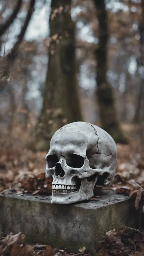 Ein verwitterter grauer Totenkopf, der als Grabstein auf einem vergessenen Friedhof dient.