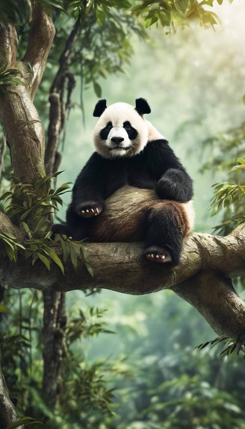 Artistic representation of a cool panda relaxing on a tree branch in an Amazon forest.