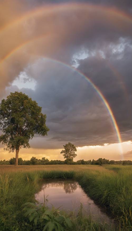 Un arco iris primario y un arco iris secundario más tenue frente a una nube hinchada durante la puesta de sol