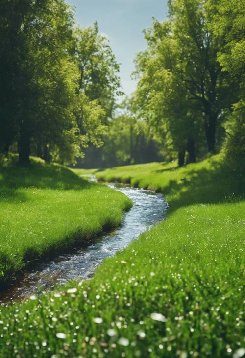 Sebuah sungai mengalir deras melintasi padang rumput hijau subur, titik pertemuan air dan bumi.