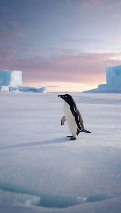 Пингвин Адели скользит на брюхе по гладкому ледяному полю под Южным сиянием.