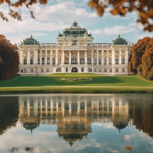 A majestic view of Belvedere Palace in Vienna, mirrored perfectly in the surrounding pond. Tapeet [6c23831c2c1248f3ba00]