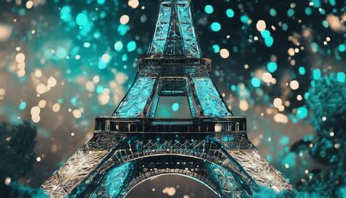 Peinture abstraite de la Tour Eiffel la nuit, brossée de paillettes turquoise.