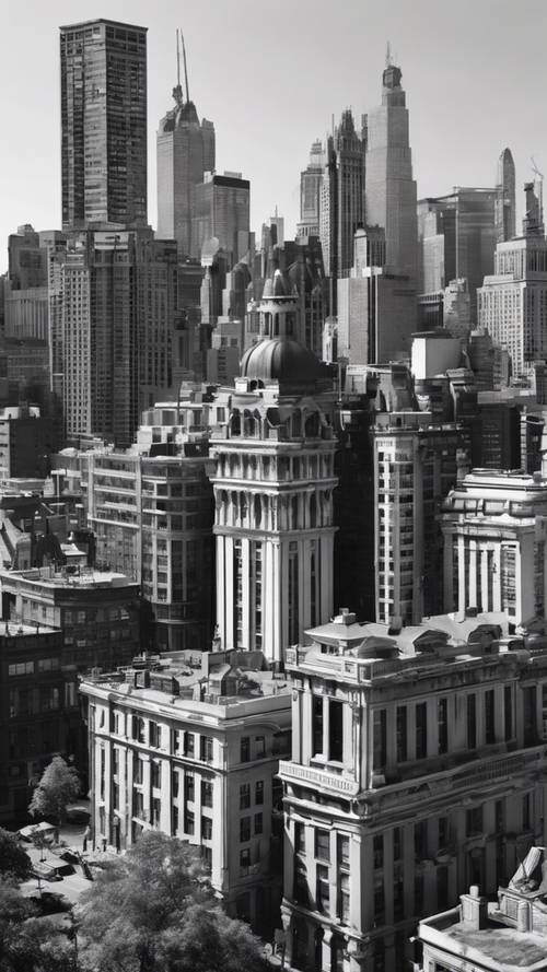 Une vue panoramique sur les toits d&#39;une ville avec d&#39;imposants gratte-ciel et une architecture de l&#39;époque victorienne, rendue en noir et blanc.